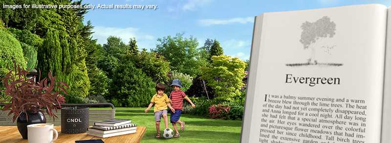 Simulação da visão diurna com lente trifocal moderna, mostrando visão nítida em todas as distâncias.