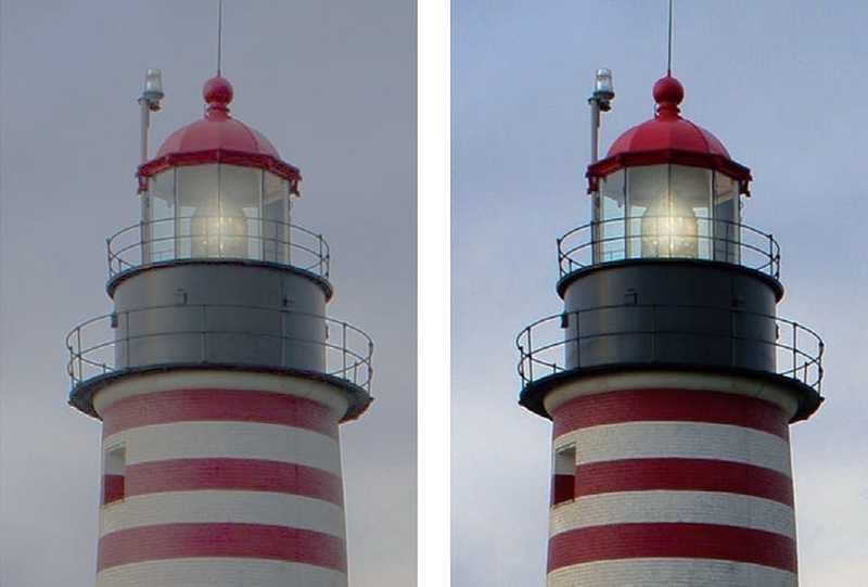 Comparativo de imagem de um farol com lente esférica (menos nítida) e asférica (mais nítida).
