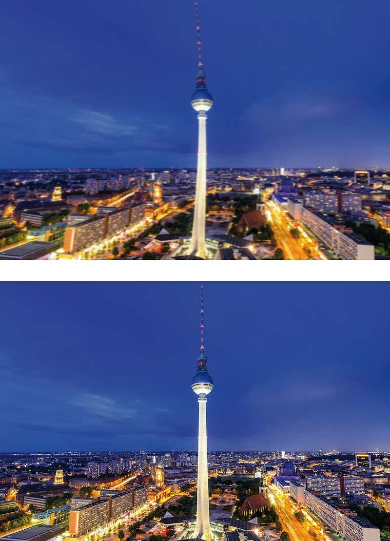 Comparação entre a visão com astigmatismo não corrigido (imagem superior, desfocada) e a visão com astigmatismo corrigido (imagem inferior, nítida).